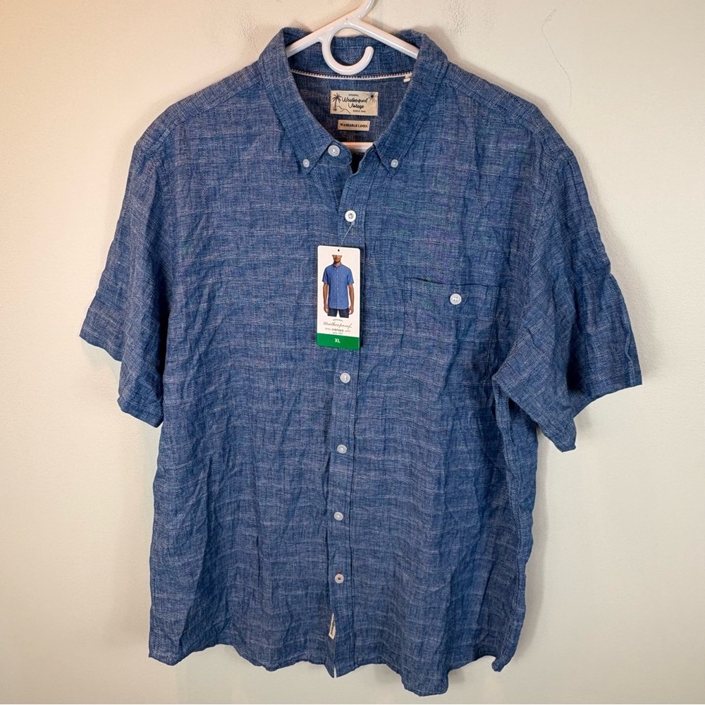 WEATHERPROOF VINTAGE Washable Linen Short Sleeve Button Down Shirt